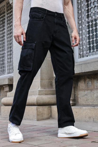 WTF Men Relaxed Fit Pure Cotton  Black Cargo Jeans